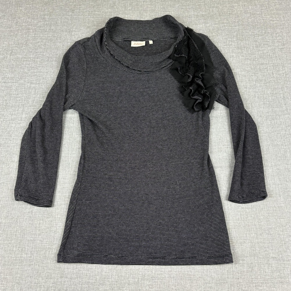 Antropologie Deletta Sweater Tunic Womens L Black Cowl Neck Ruffle Striped